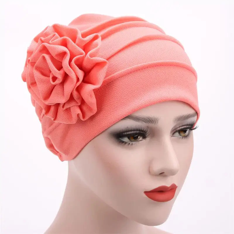 Side Decals Solid Color Large Flower Headscarf Confinement Hat Muslim - Watermelon red / adjustable