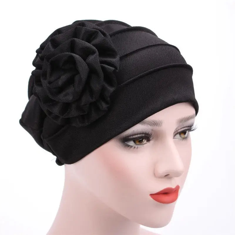 Side Decals Solid Color Large Flower Headscarf Confinement Hat Muslim - Black / adjustable