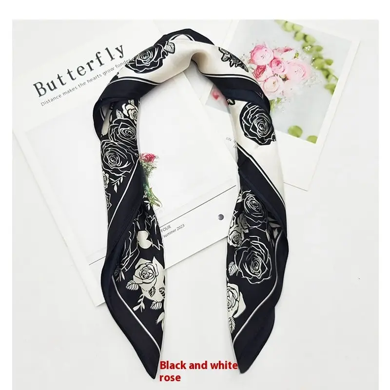 Versatile Business Scarf Square Scarf for Professionals Luxury Bandana - Black And White Rose - African Pattern