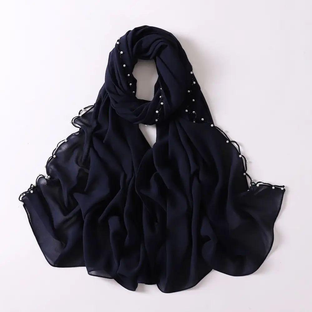Chiffon Wavy Edge Pearl Beaded Scarf