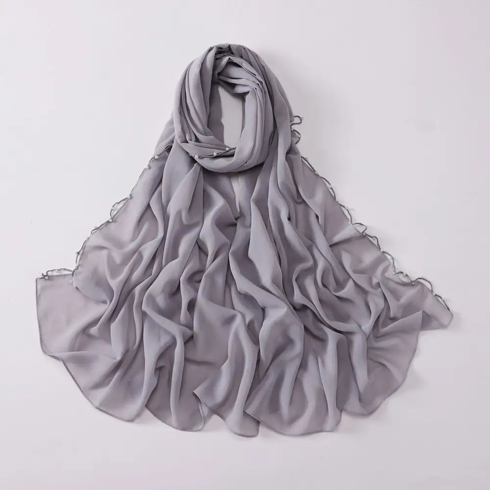 Chiffon Wavy Edge Pearl Beaded Scarf