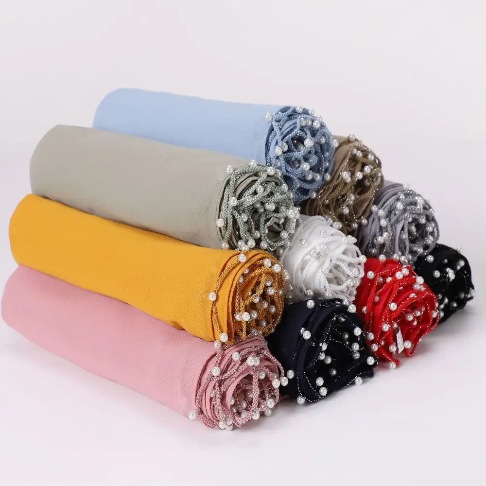 Chiffon Wavy Edge Pearl Beaded Scarf