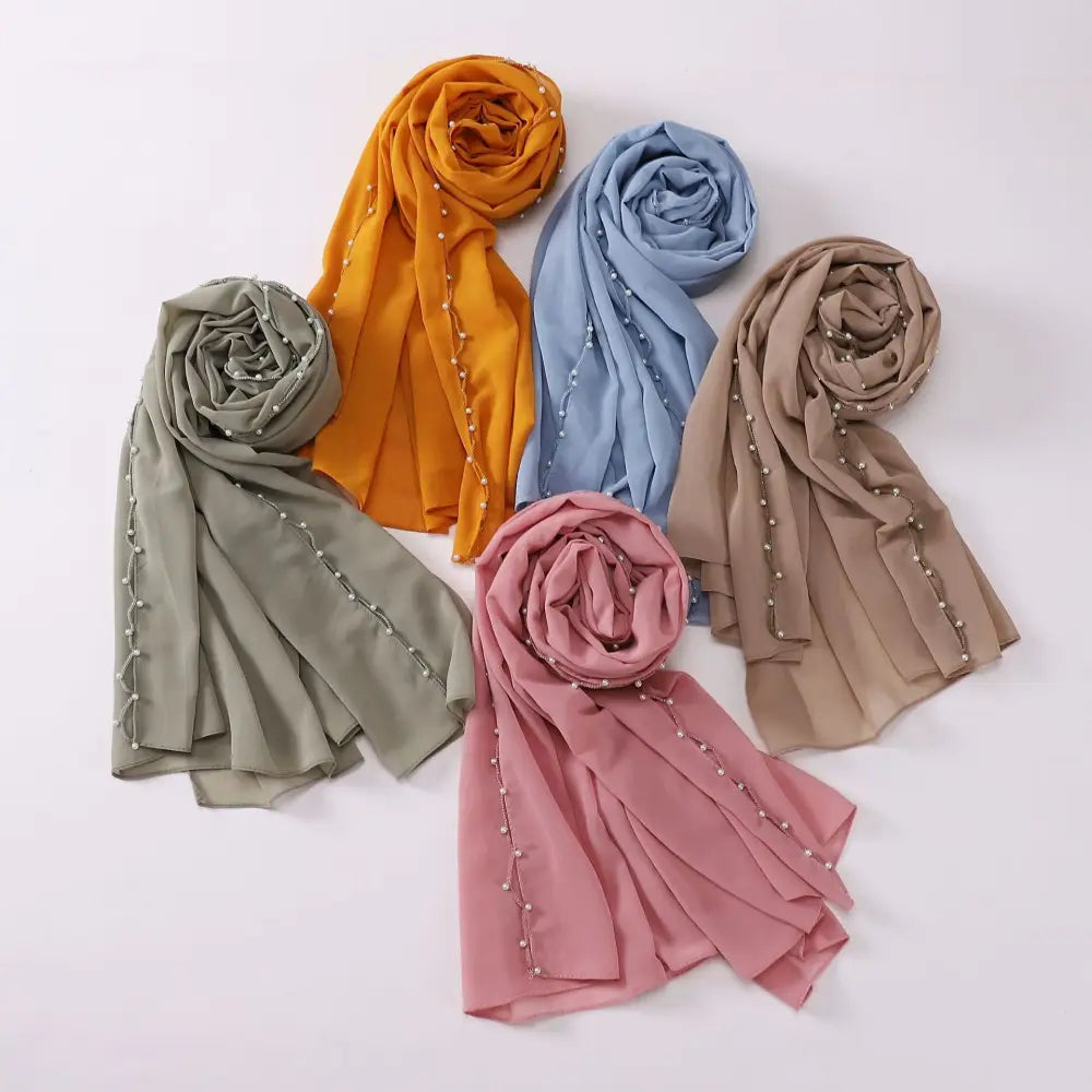 Chiffon Wavy Edge Pearl Beaded Scarf