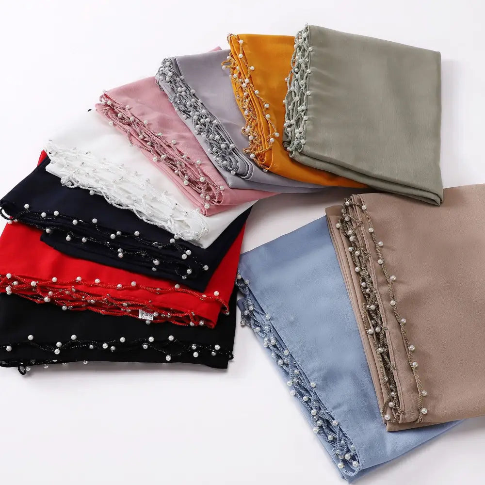 Chiffon Wavy Edge Pearl Beaded Scarf