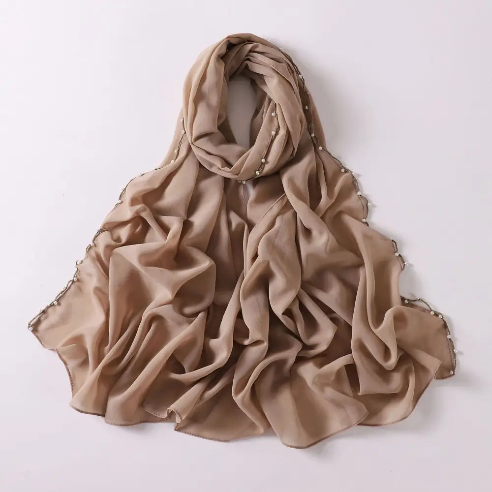 Chiffon Wavy Edge Pearl Beaded Scarf