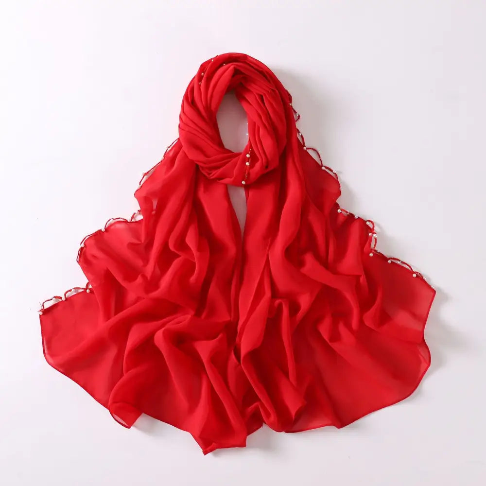 Chiffon Wavy Edge Pearl Beaded Scarf