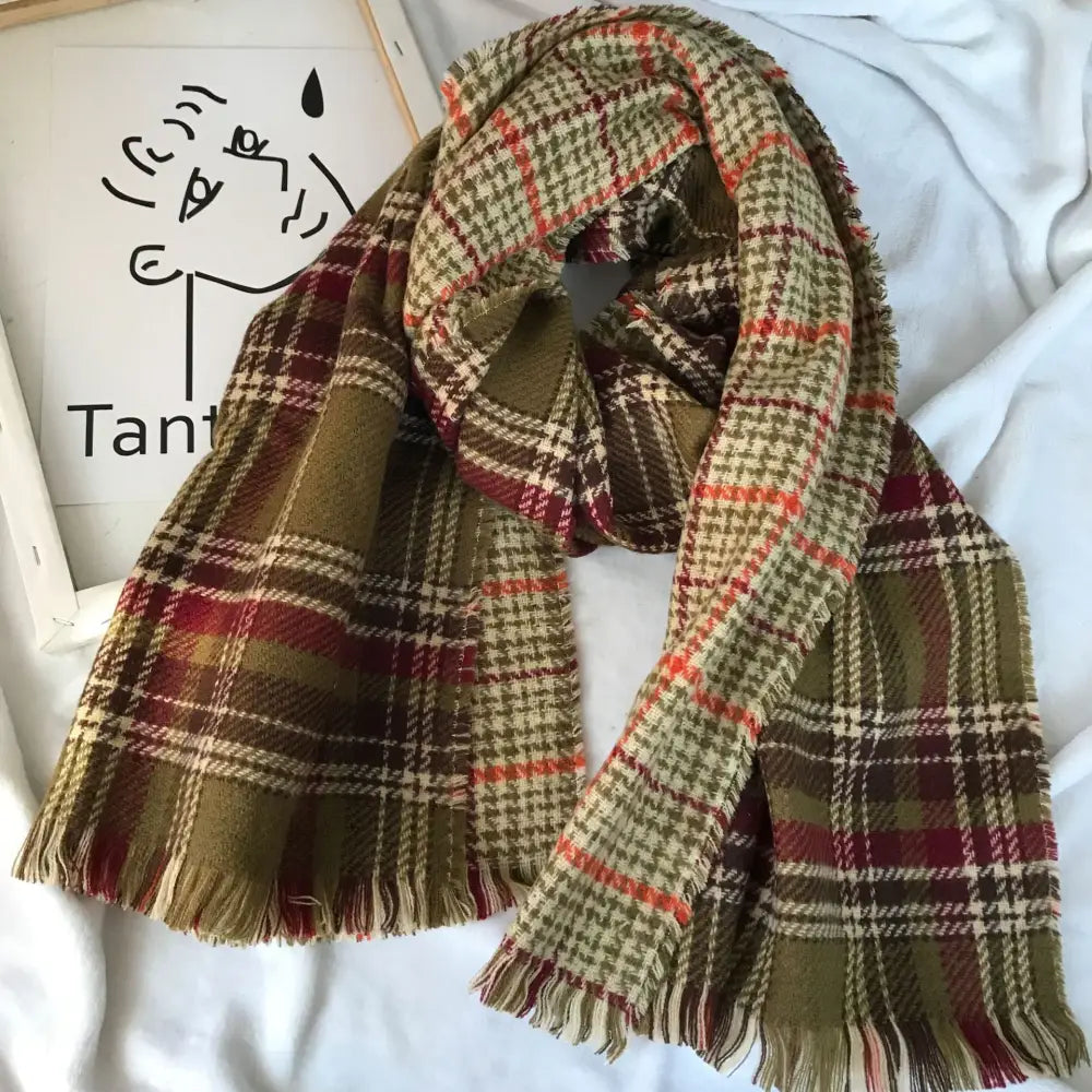 Women's Double-sided Cashmere Scarf, Retro Plaid Tassel Scarf