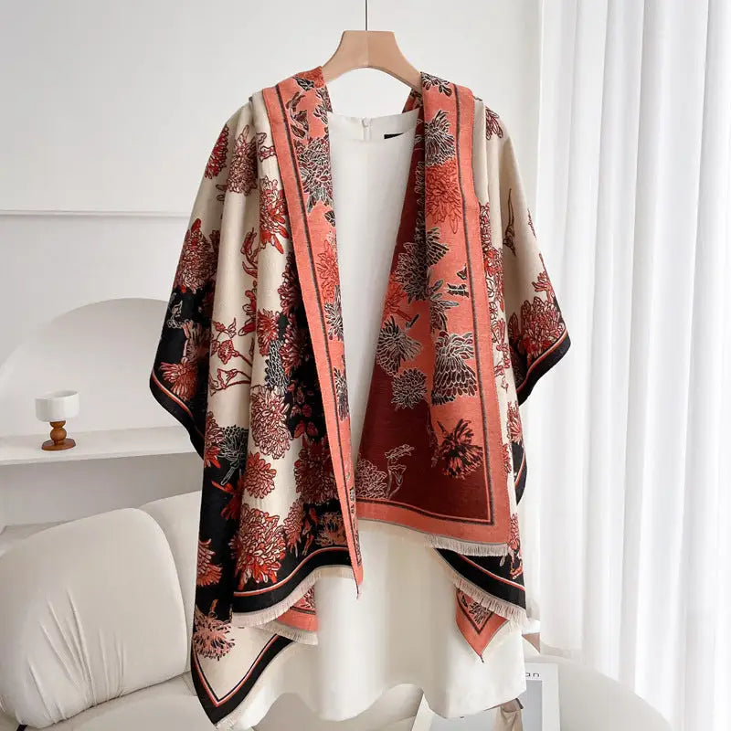 Women’s Double-sided Shawl Warm Scarf Fashionable Outerwear - Daisy Black Rice