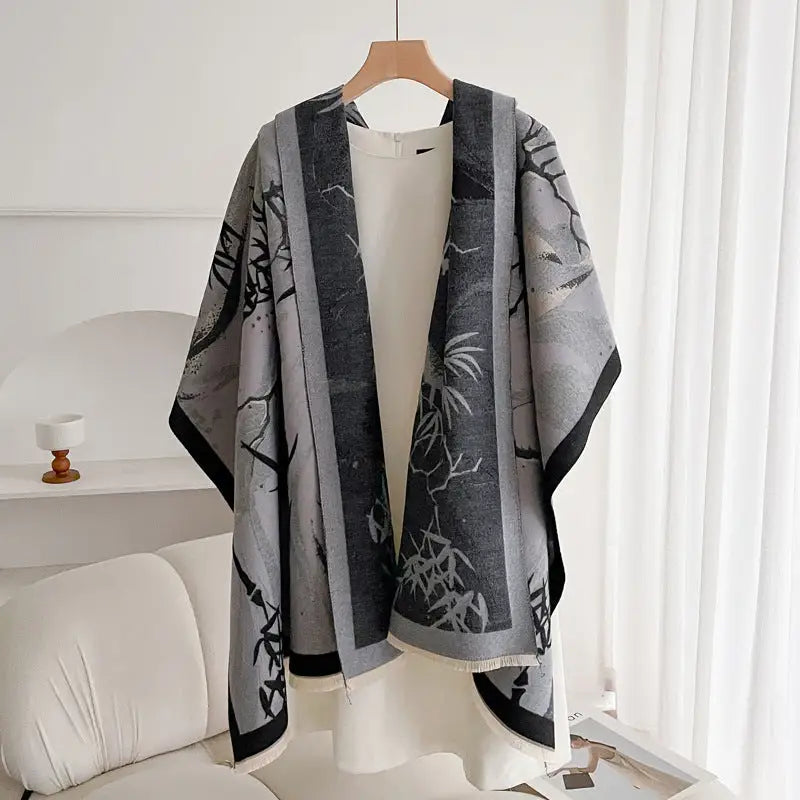 Women’s Double-sided Shawl Warm Scarf Fashionable Outerwear - Lucky Bamboo Black And Gray