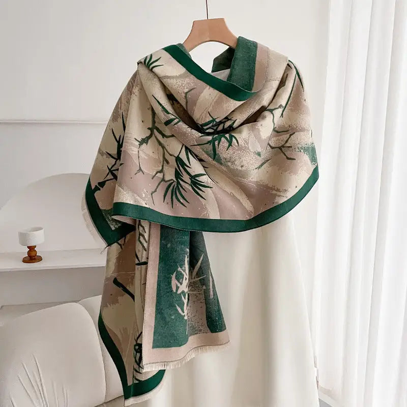 Women’s Double-sided Shawl Warm Scarf Fashionable Outerwear - Lucky Bamboo Green Rice