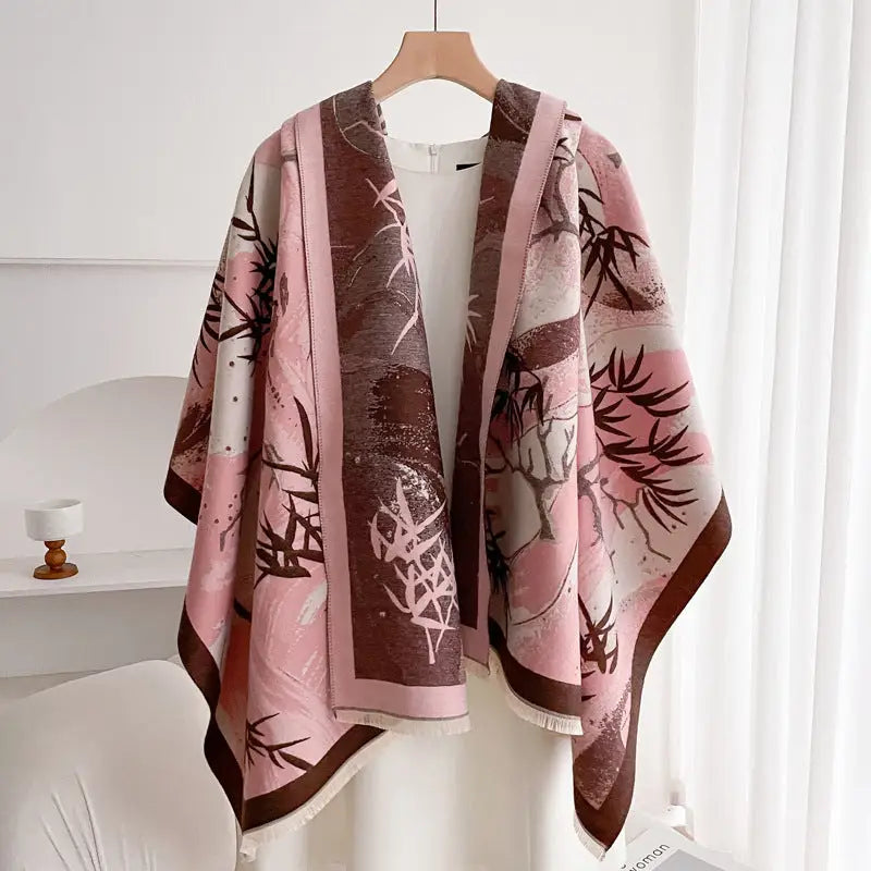 Women’s Double-sided Shawl Warm Scarf Fashionable Outerwear - Lucky Bamboo Coffee Pink