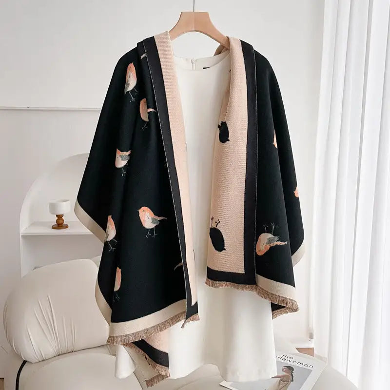 Women’s Double-sided Shawl Warm Scarf Fashionable Outerwear - Magpie Black