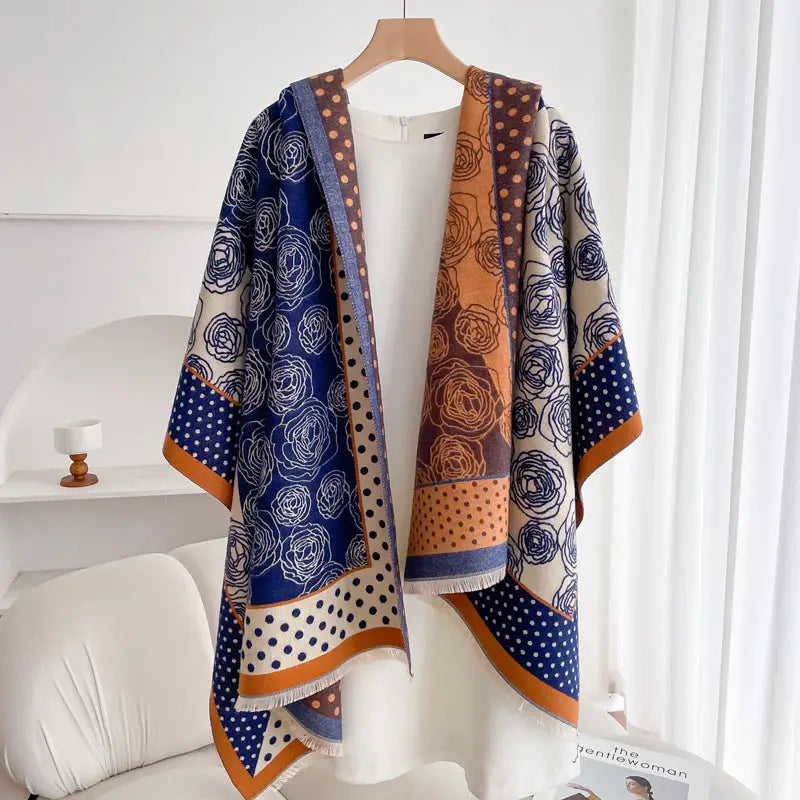 Women’s Double-sided Shawl Warm Scarf Fashionable Outerwear - Polka Dot Camellia Blue Orange