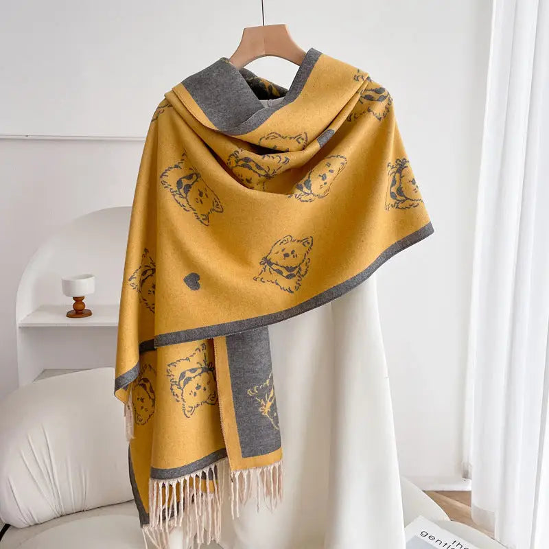 Women’s Double-sided Shawl Warm Scarf Fashionable Outerwear - Puppy Yellow Gray