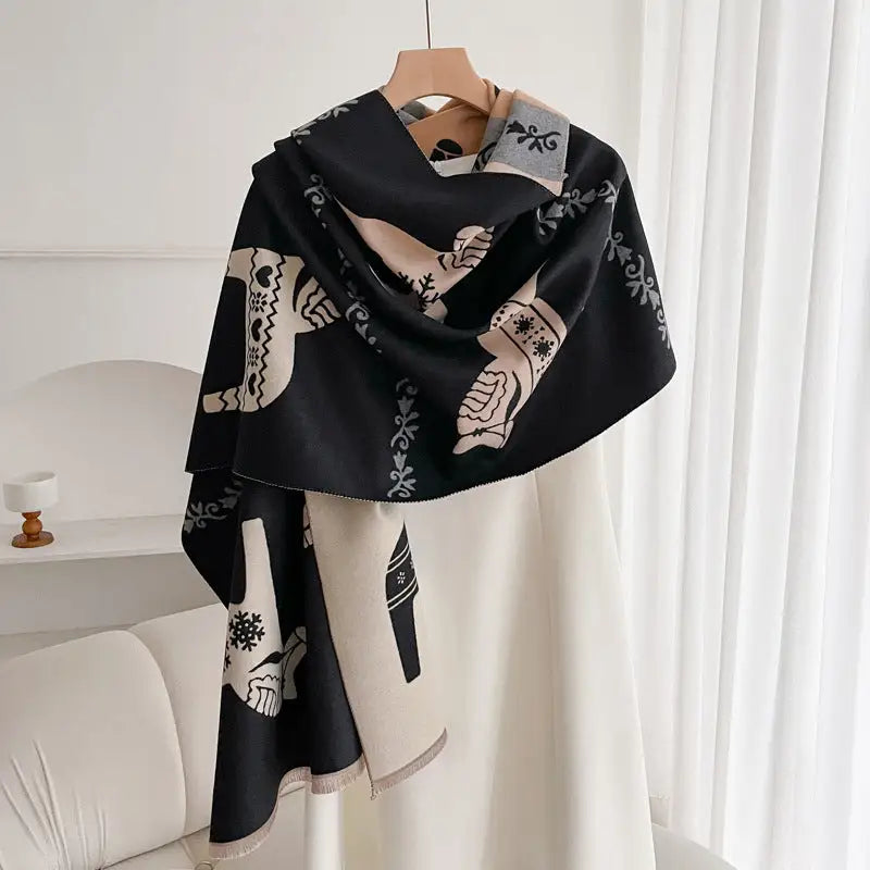 Women’s Double-sided Shawl Warm Scarf Fashionable Outerwear - War Horse Black