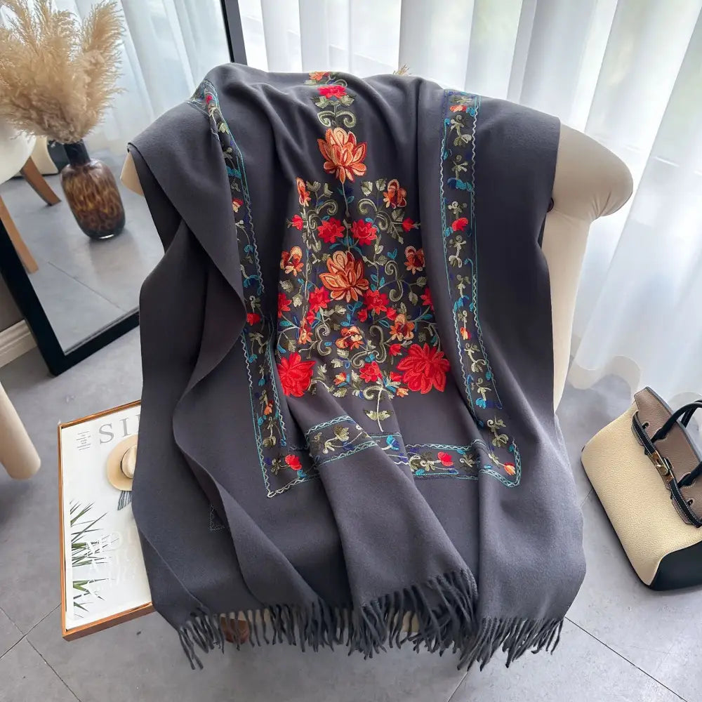 Women’s Embroidered Scarf All-matching Extra Thick Wool Shawl - Gray / 185X65CM