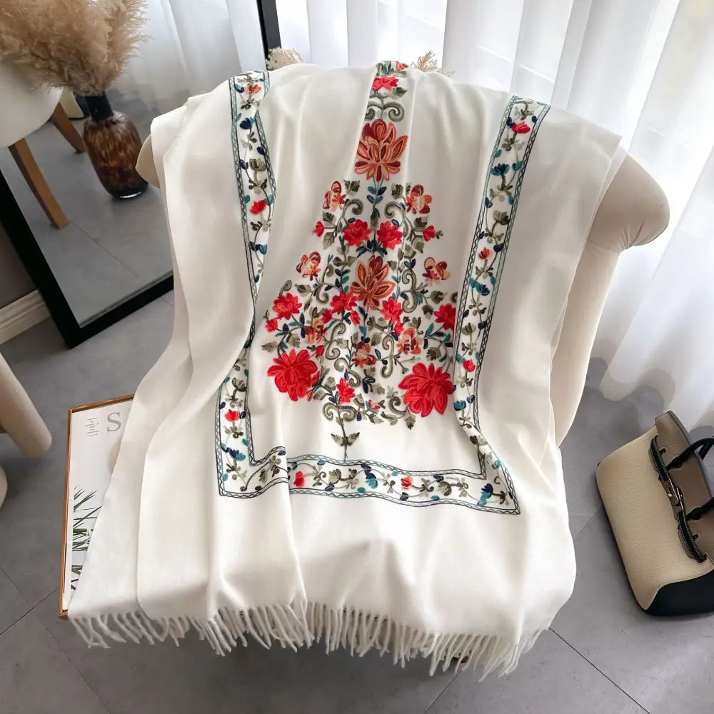 Women’s Embroidered Scarf All-matching Extra Thick Wool Shawl - White / 185X65CM