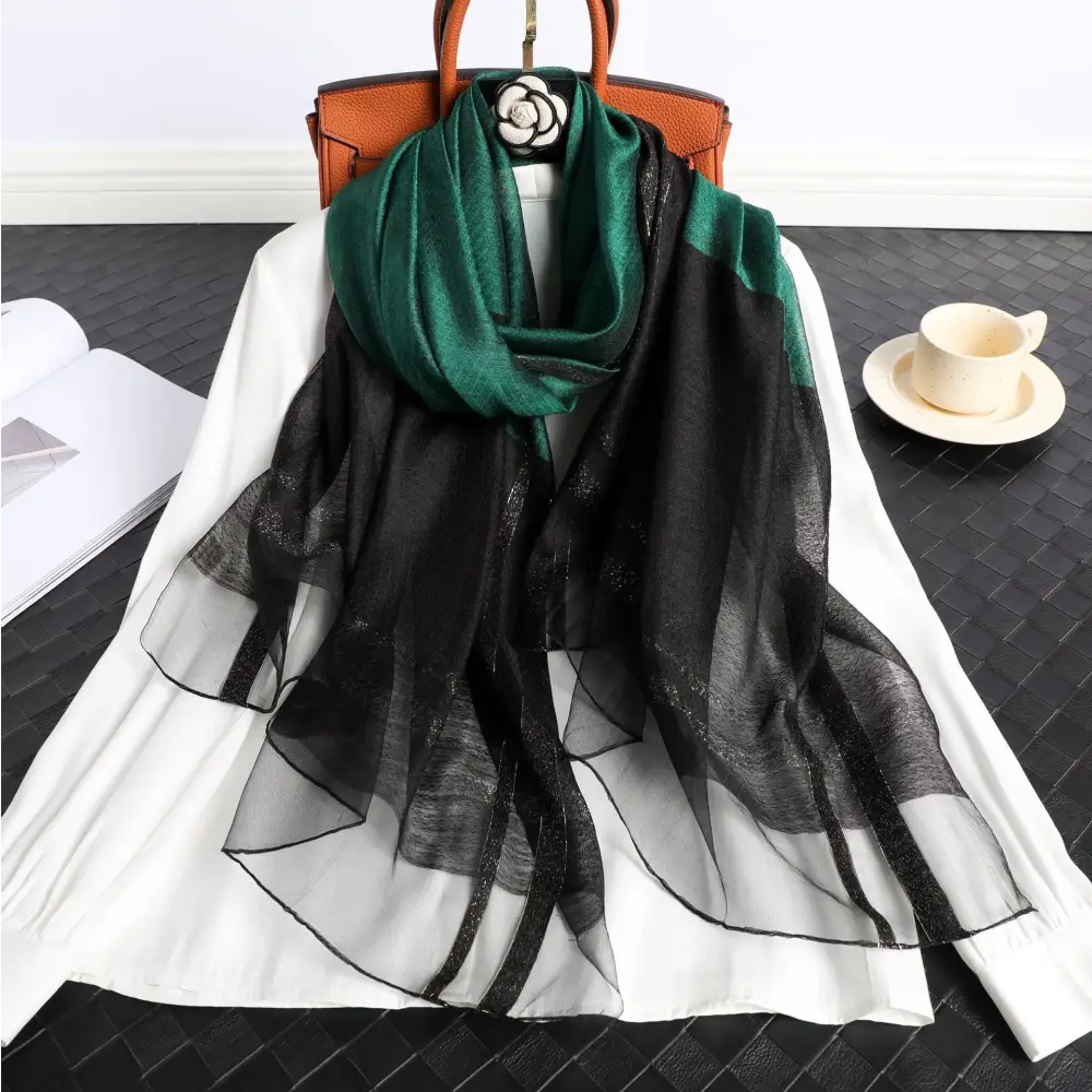 Women’s Korean Style Silk Plaid Scarf - Black Green - Silk Plaid Scarf