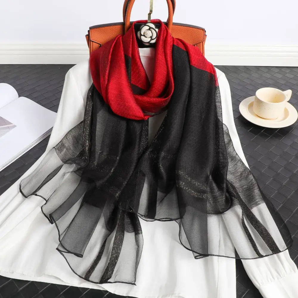 Women’s Korean Style Silk Plaid Scarf - Black Red - Silk Plaid Scarf