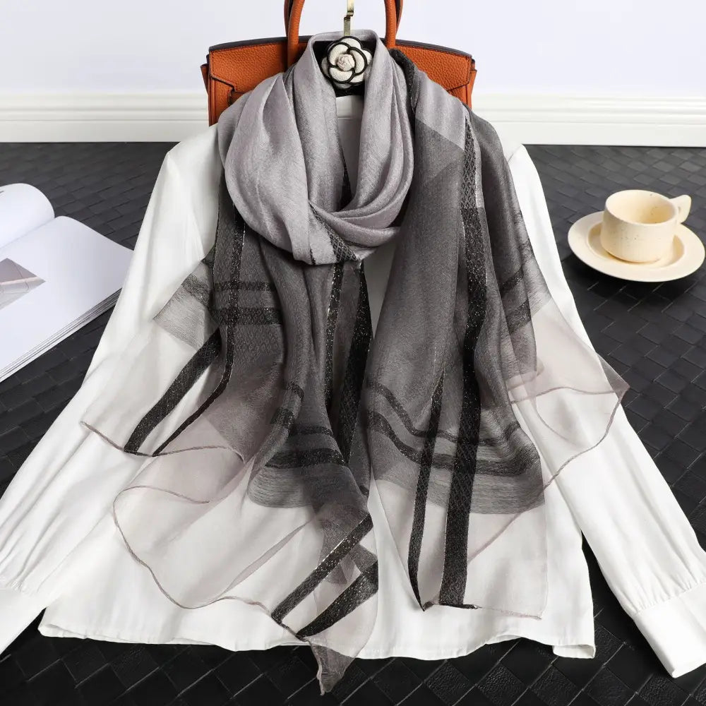 Women’s Korean Style Silk Plaid Scarf - Gray - Silk Plaid Scarf