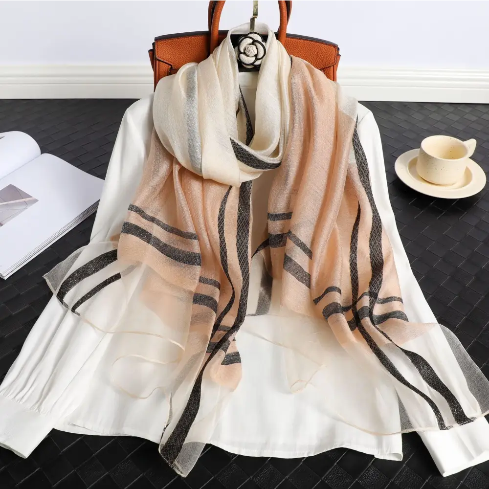Women’s Korean Style Silk Plaid Scarf - Khaki - Silk Plaid Scarf