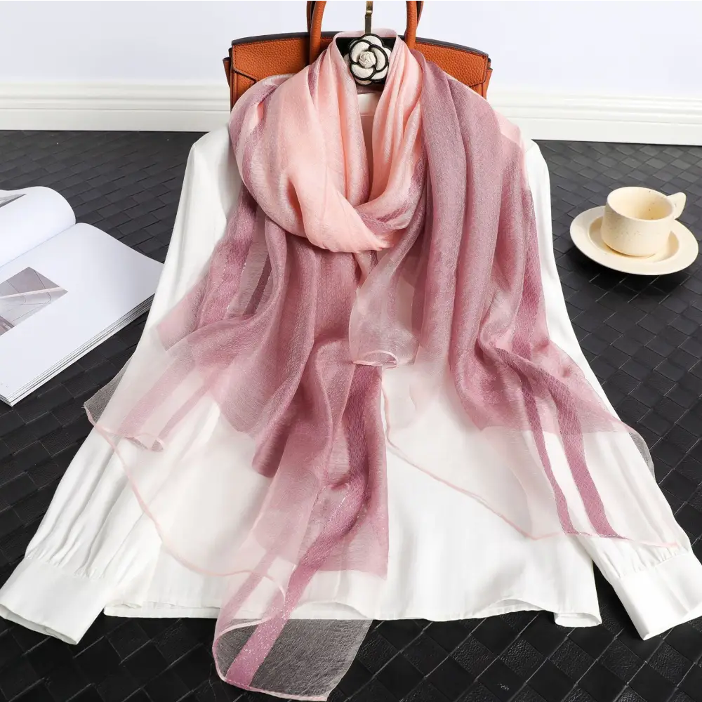 Women’s Korean Style Silk Plaid Scarf - Pink - Silk Plaid Scarf