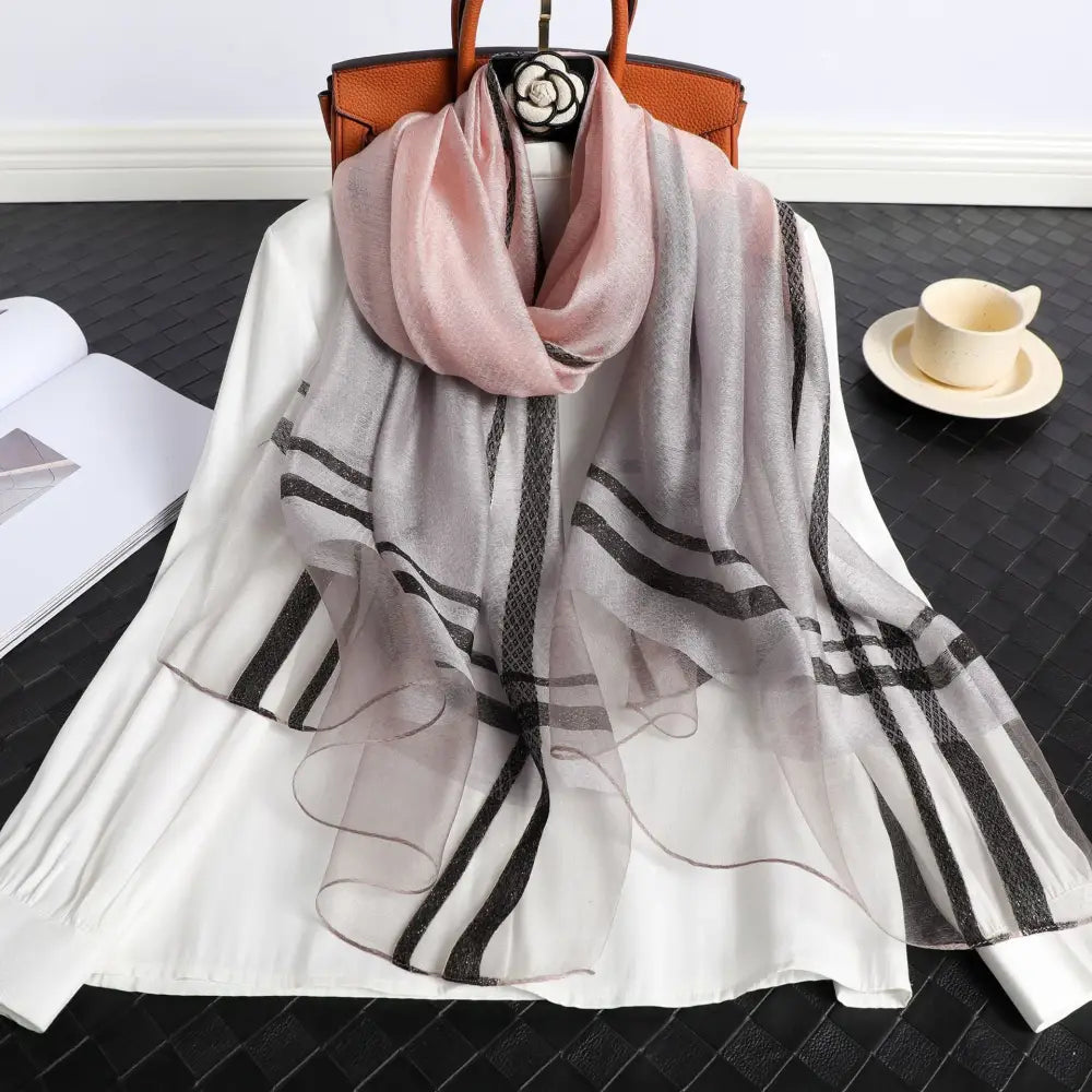 Women’s Korean Style Silk Plaid Scarf - Pink Gray - Silk Plaid Scarf