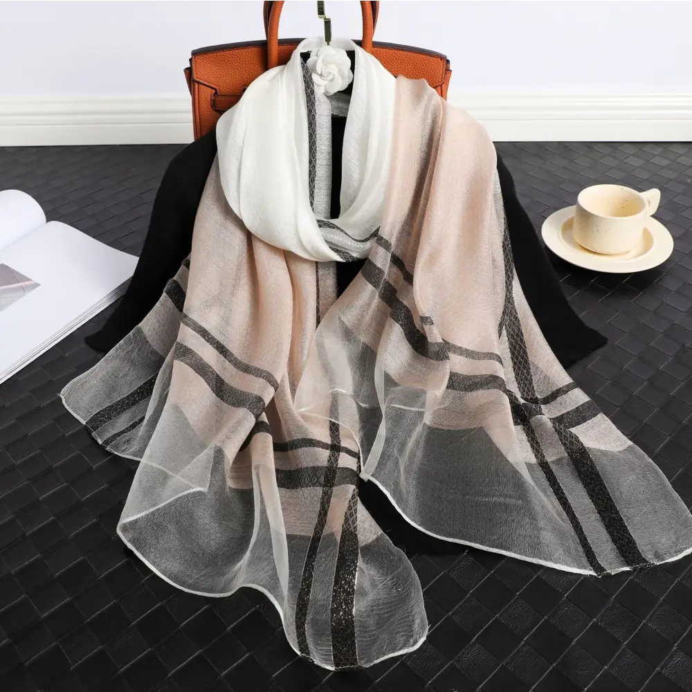 Women’s Korean Style Silk Plaid Scarf - White Card - Silk Plaid Scarf