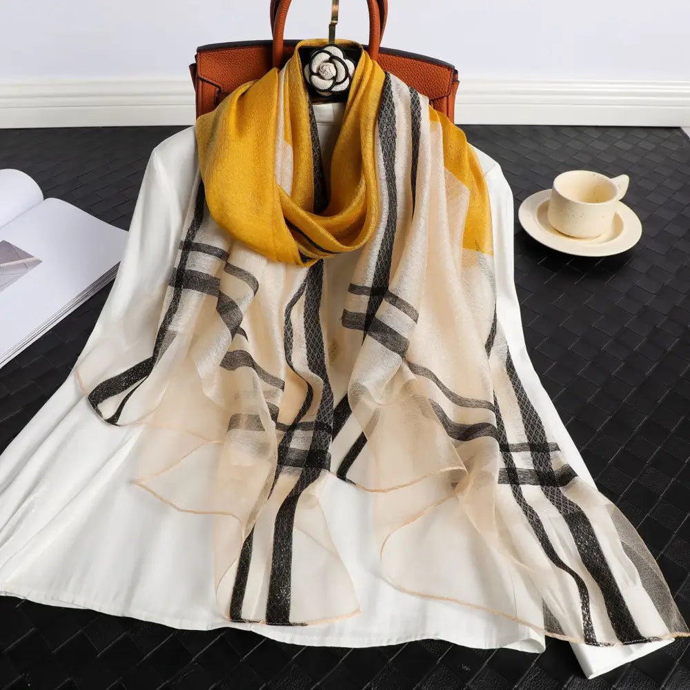 Women’s Korean Style Silk Plaid Scarf - Yellow - Silk Plaid Scarf