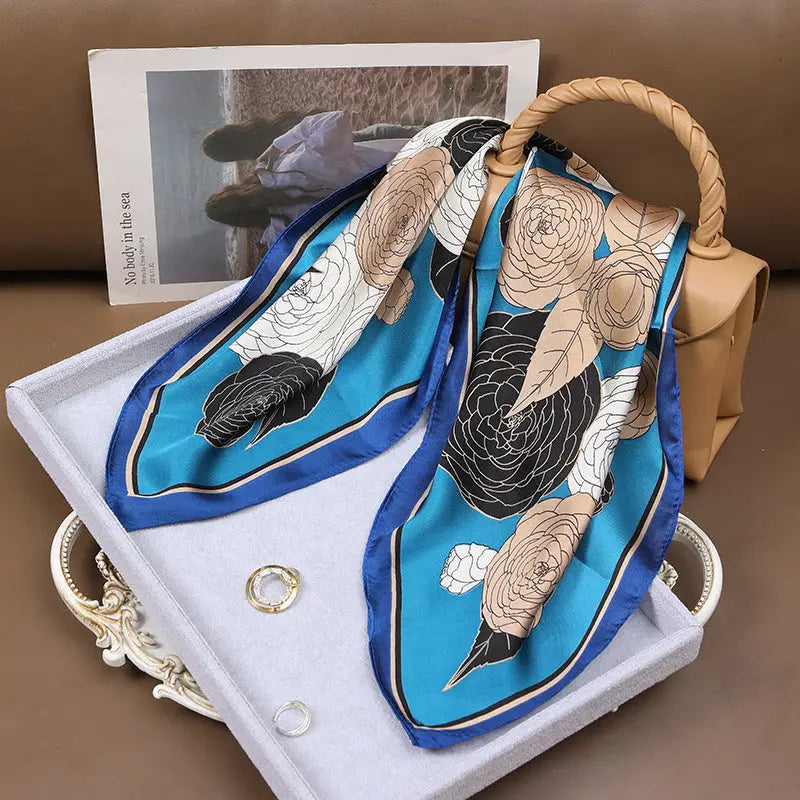 Women’s Korean Style Vintage Printed Scarf - Blue Background Leaves - Women’s neckerchiefs