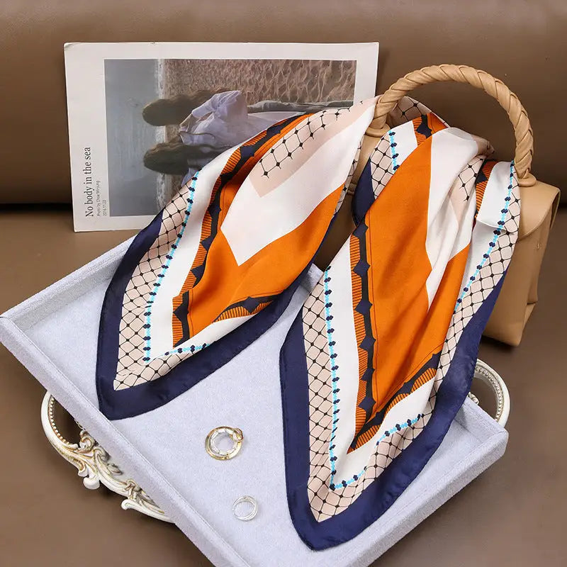 Women’s Korean Style Vintage Printed Scarf - Blue Orange Fine Plaid - Women’s neckerchiefs