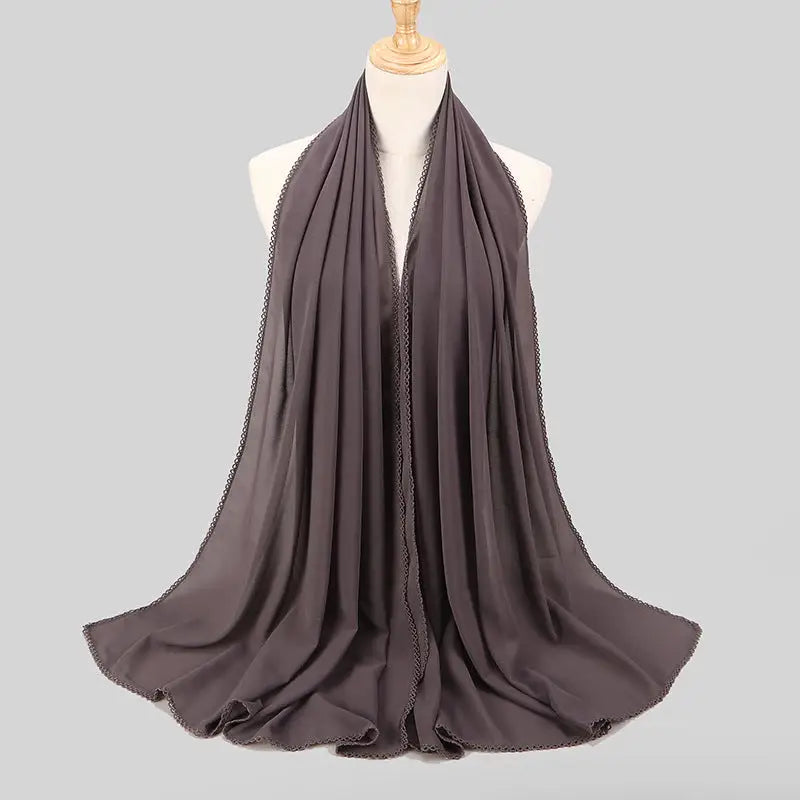 Women’s Monochrome Lace Panel Pearl Chiffon Scarf - 12style - Chiffon Scarf