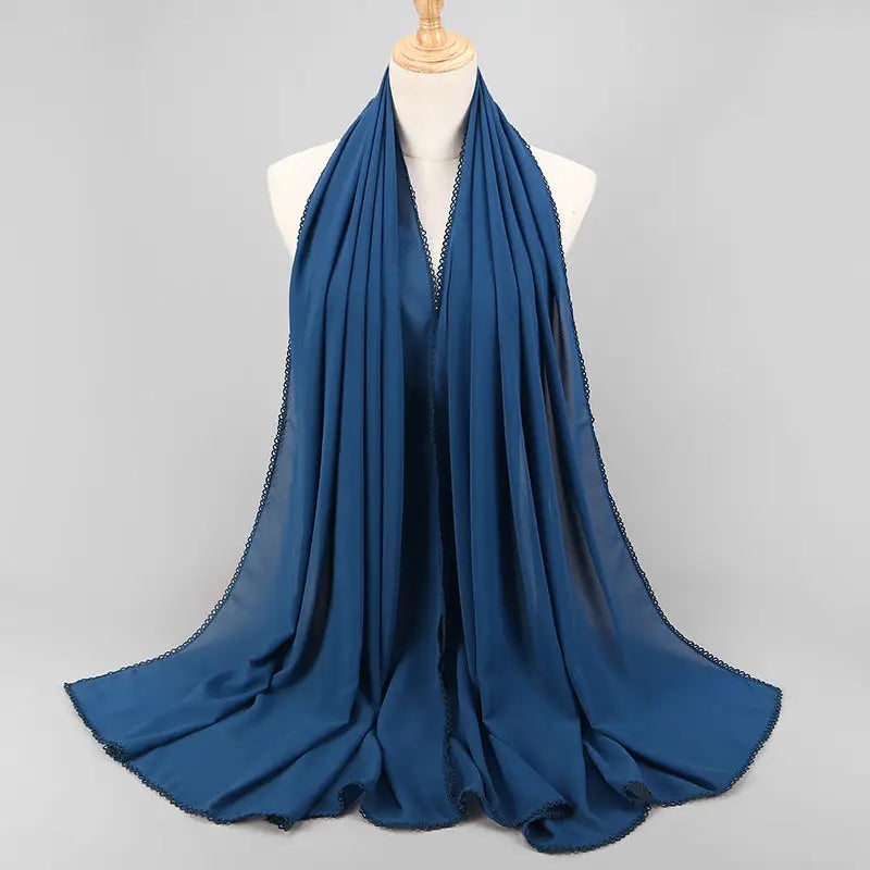 Women’s Monochrome Lace Panel Pearl Chiffon Scarf - 19style - Chiffon Scarf