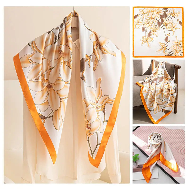 Women’s Multipurpose Summer Scarf - Orange Edge Magnolia / 90x90cm - Square Scarf