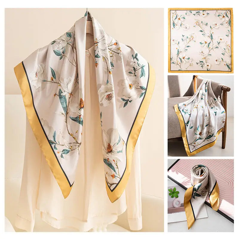 Women’s Multipurpose Summer Scarf - Small Yellow Flower Branches / 90x90cm - Square Scarf