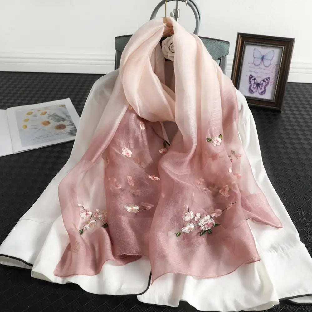 Women’s Wool Silk Embroidery Gradient Summer Scarf Sunscreen Shawl - Beige And Coffee / 70x190CM - Silk Scarf