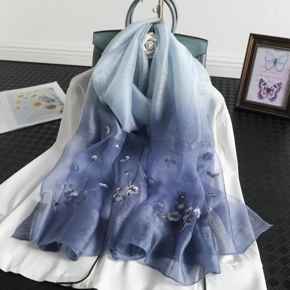Women’s Wool Silk Embroidery Gradient Summer Scarf Sunscreen Shawl - Blue / 70x190CM - Silk Scarf