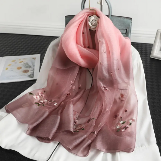 Women’s Wool Silk Embroidery Gradient Summer Scarf Sunscreen Shawl - Silk Scarf