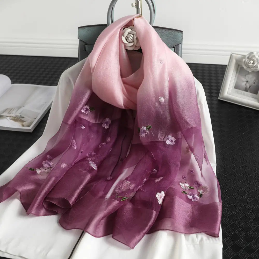 Women’s Wool Silk Embroidery Gradient Summer Scarf Sunscreen Shawl - Purple / 70x190CM - Silk Scarf