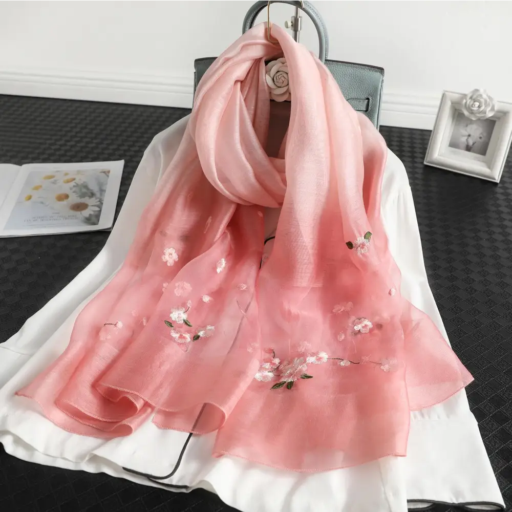 Women’s Wool Silk Embroidery Gradient Summer Scarf Sunscreen Shawl - Pink / 70x190CM - Silk Scarf