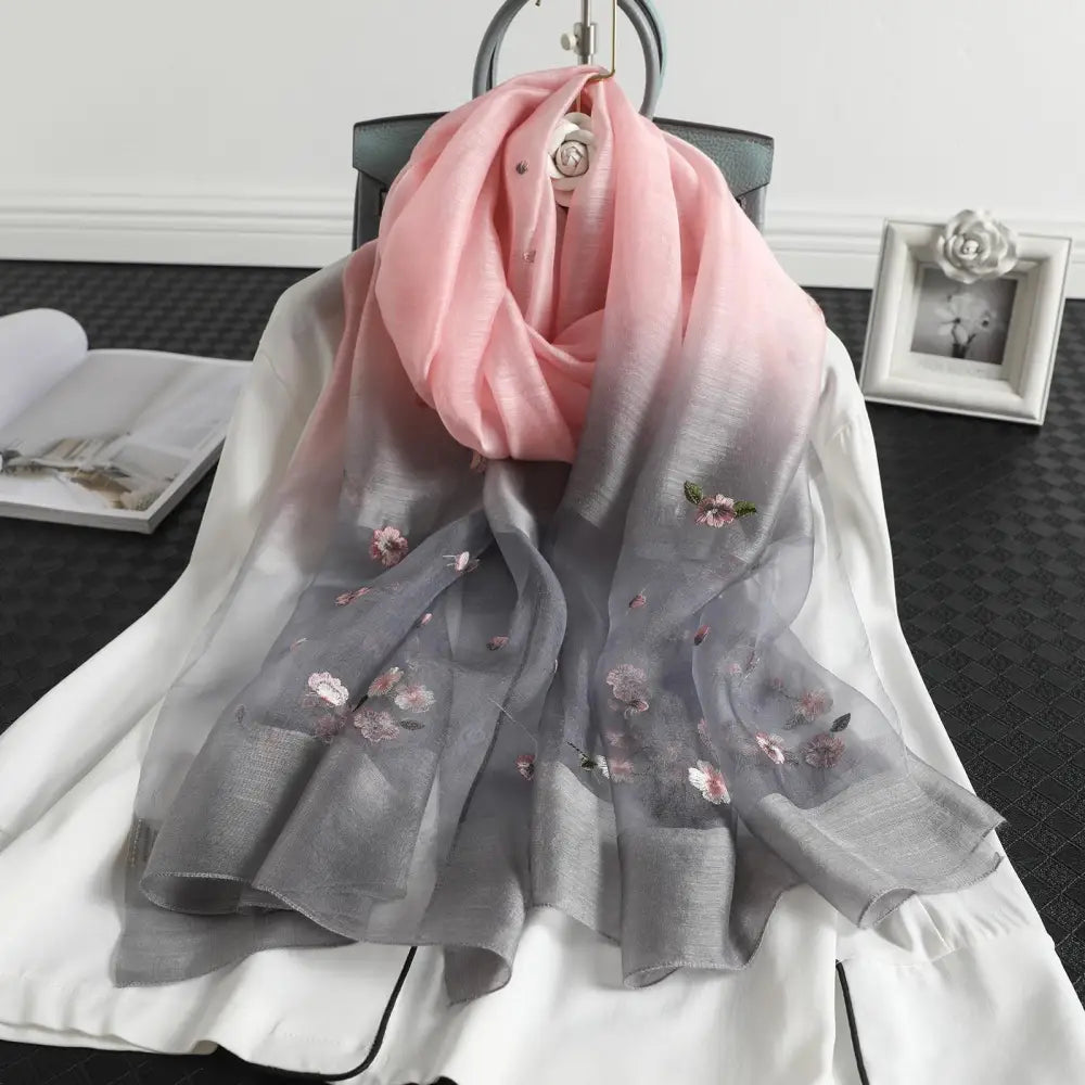 Women’s Wool Silk Embroidery Gradient Summer Scarf Sunscreen Shawl - Gray / 70x190CM - Silk Scarf