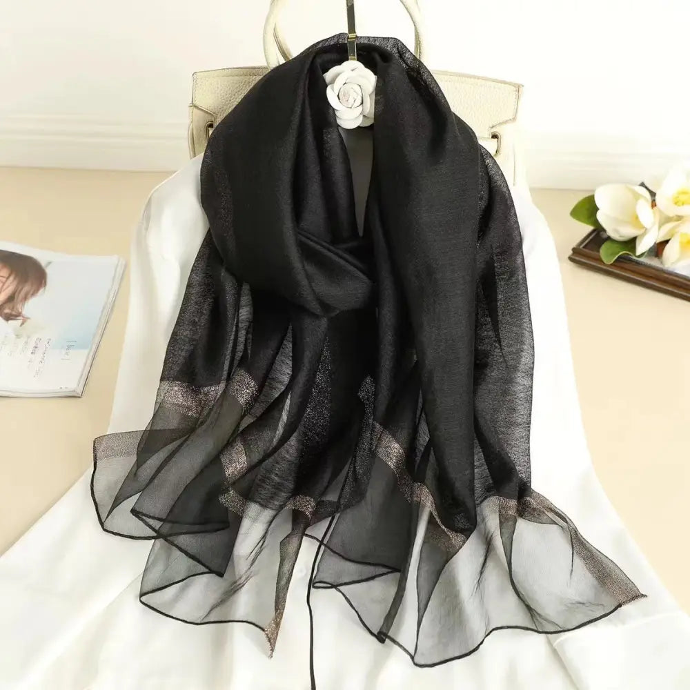 Women’s Wool Silk Embroidery Gradient Summer Scarf Sunscreen Shawl - Pure Black / 70x190CM - Silk Scarf