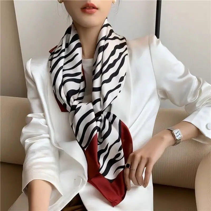 Women’S Zebra Print Silk Square Scarf Mulberry Silk Crepe Satin Scarf